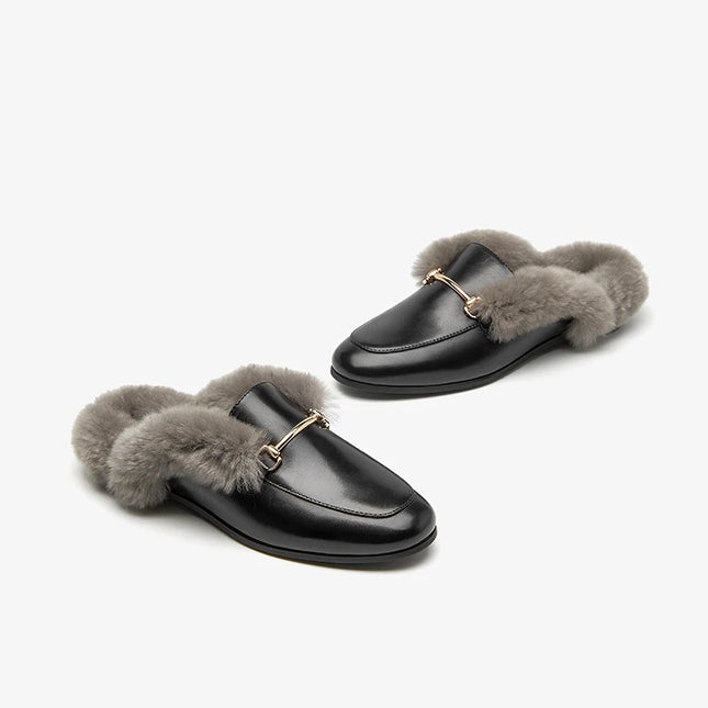 Beau Today Women's Calfskin Leather Mules with Rabbit Fur Lining