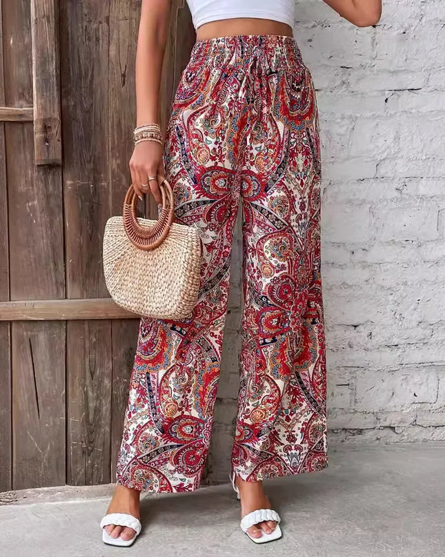 Fashionable Wide-Leg Elastic Waist Printed Pants for Women