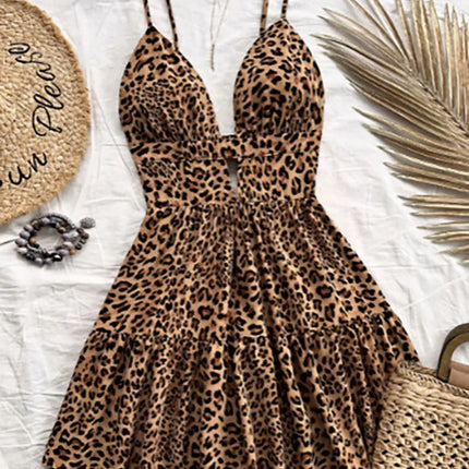 Leopard Print Backless Camisole Mini Dress – 4‑Color Summer Style