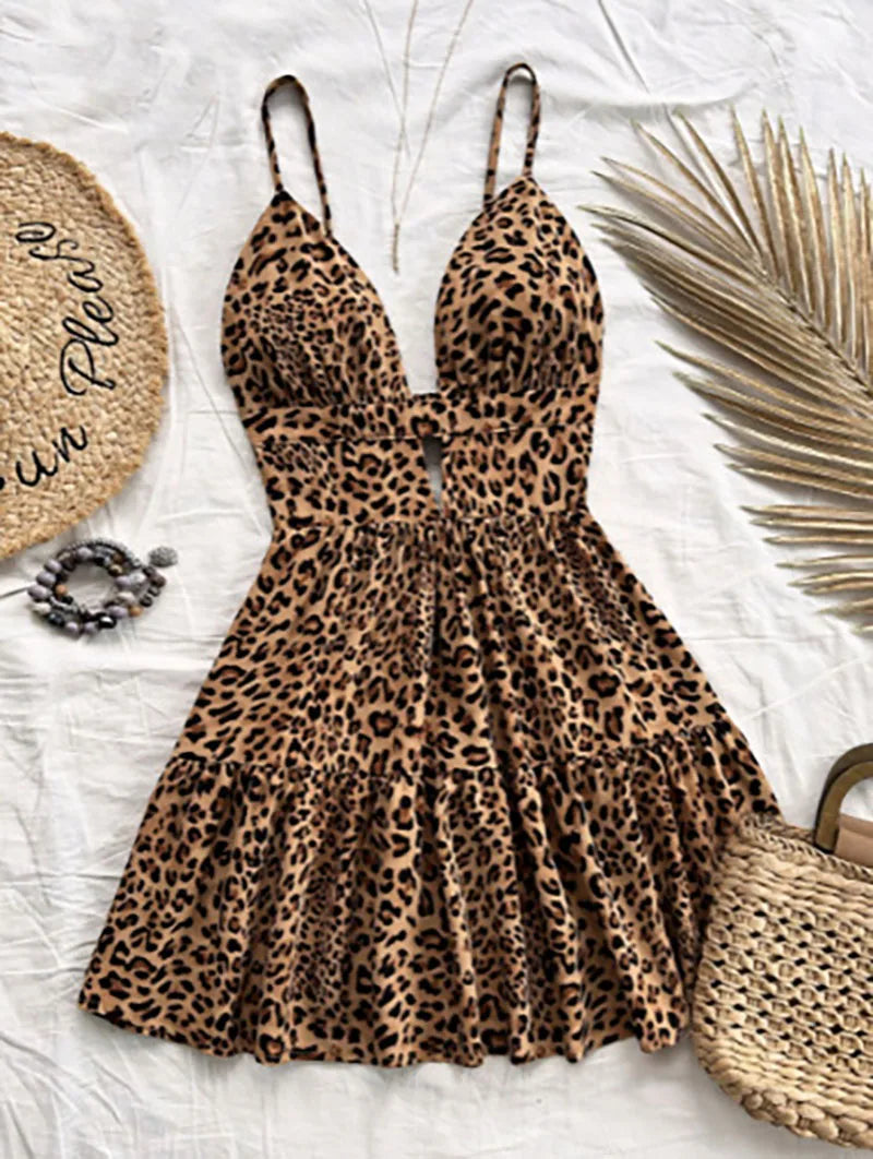 Leopard Print Backless Camisole Mini Dress – 4‑Color Summer Style