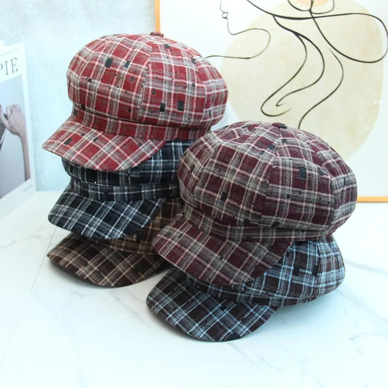 Vintage Plaid Octagonal Beret Hat for Women