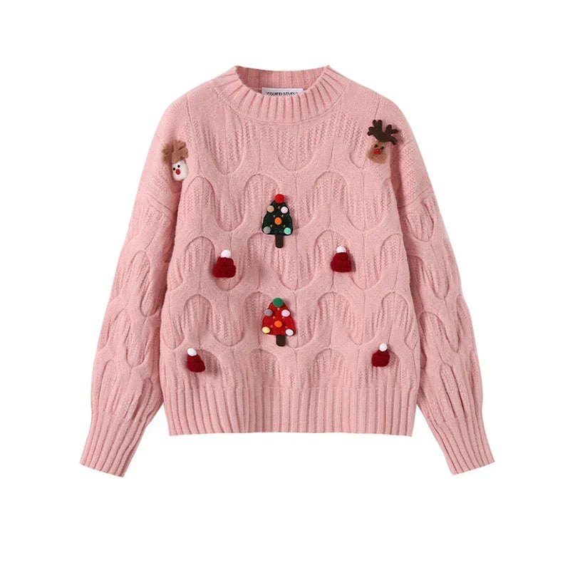 Women's Cable-Knit Balloon Sleeve Christmas Applique Sweater