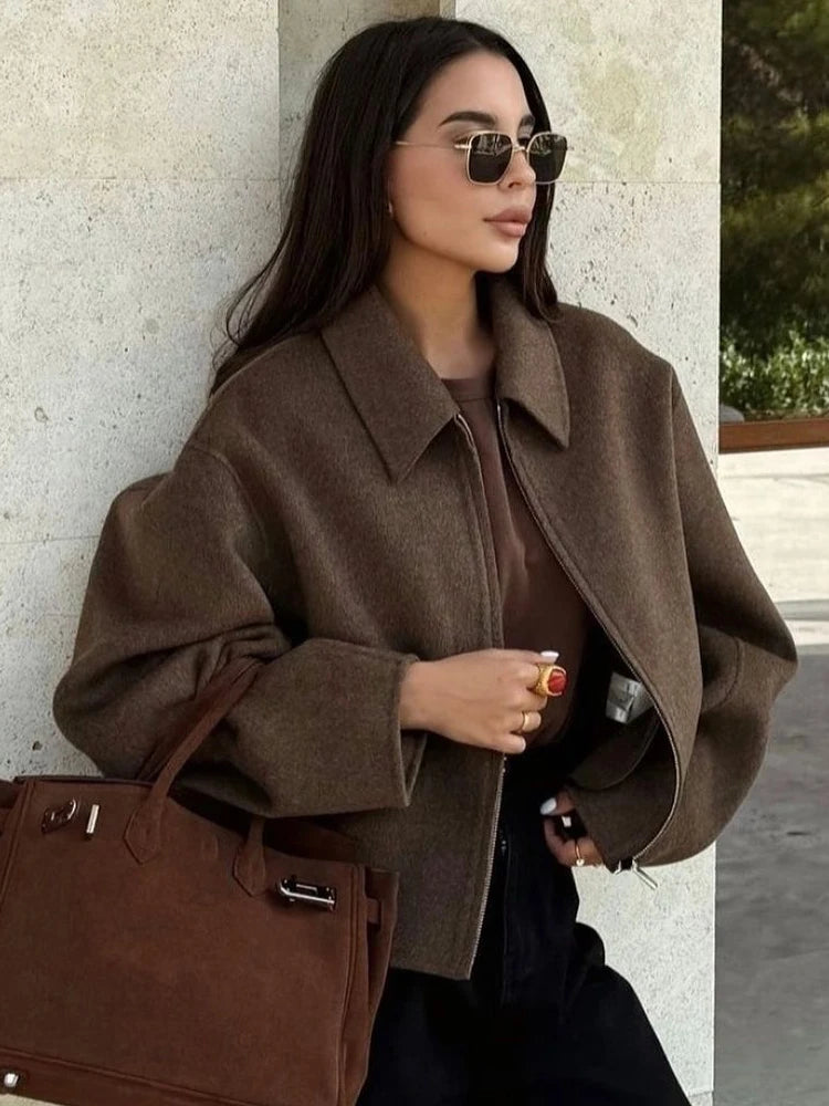 Vintage Brown Wool Zip Jacket-HighTouch