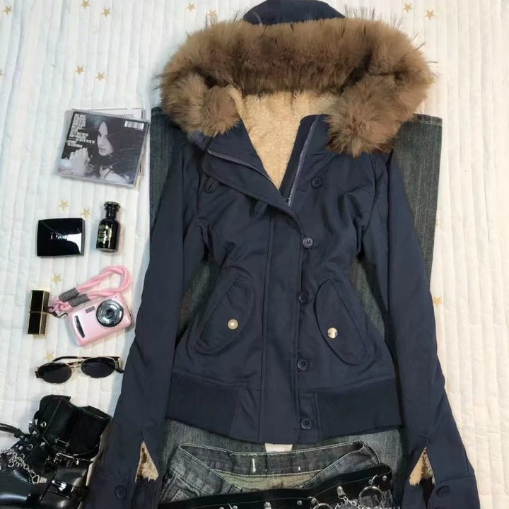 Winter Jacket Women Hooded Faux Fur Trim Fleece Lined Slim Coat