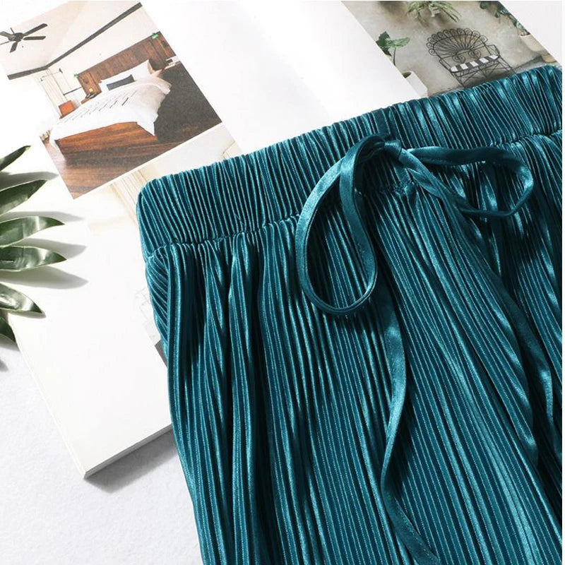 Women’s Ice Silk Wide Leg Pants – Elastic Waist Summer Trousers-HighTouch