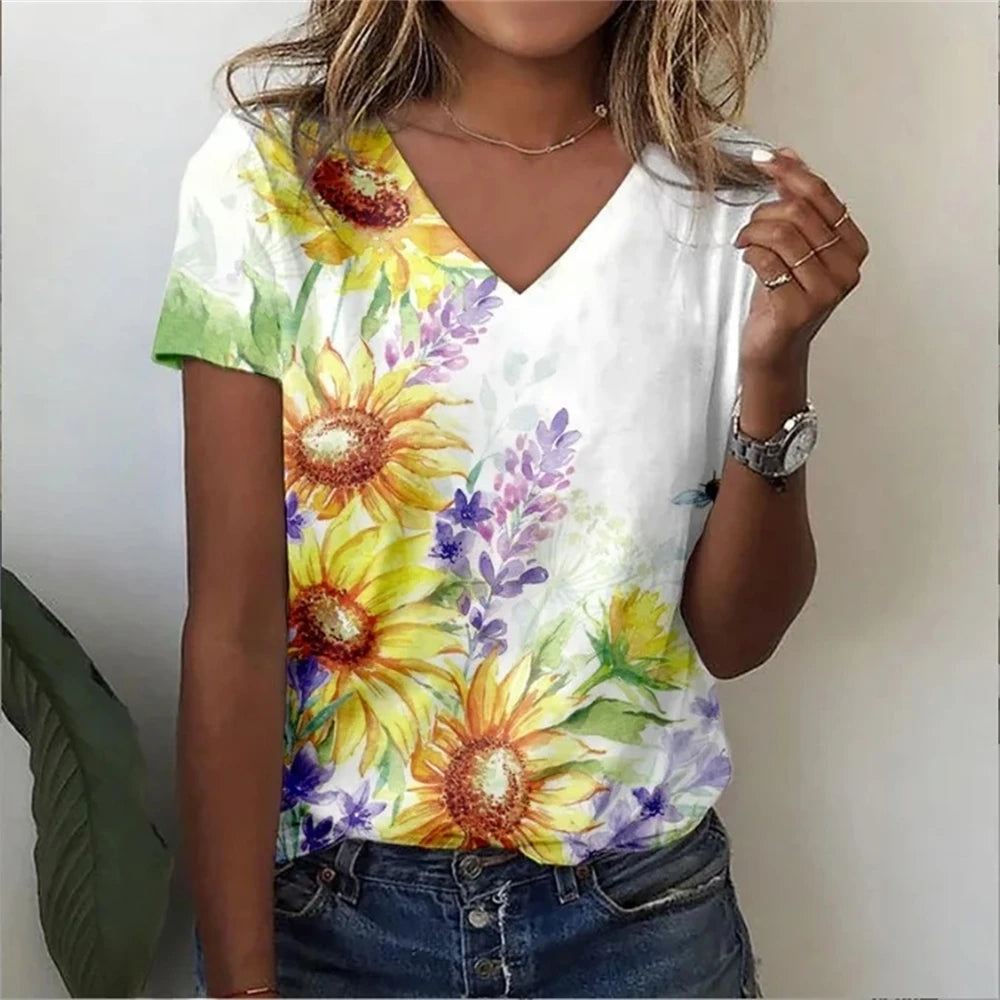 Vintage Floral 3D Print V‑Neck Tee – Oversized Harajuku Style