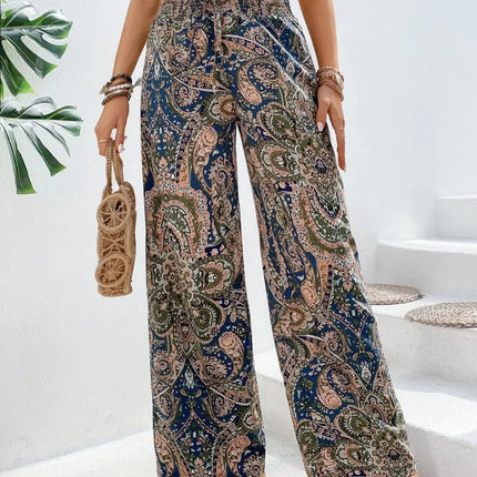 Fashionable Wide-Leg Elastic Waist Printed Pants for Women