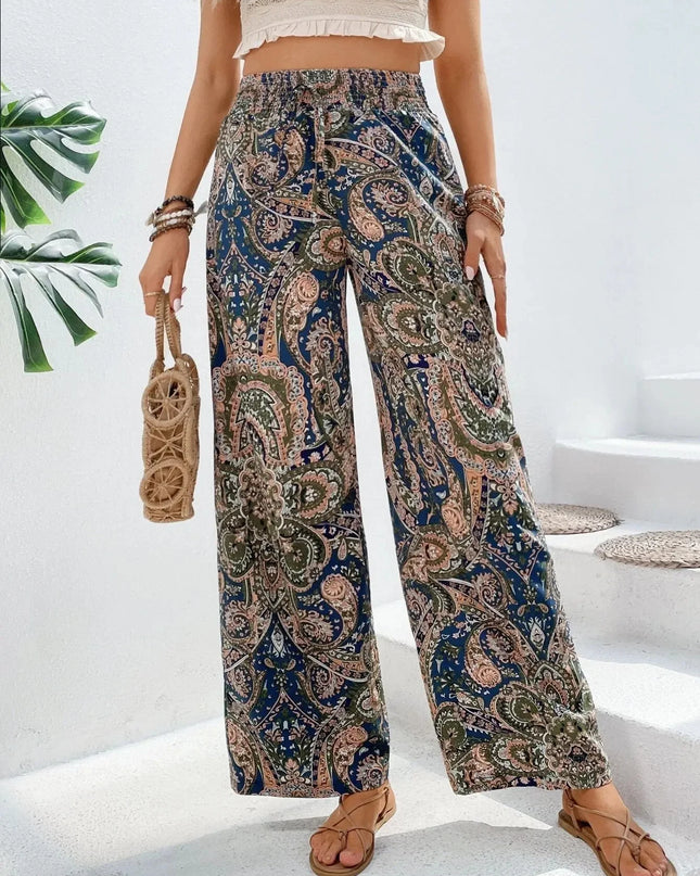 Fashionable Wide-Leg Elastic Waist Printed Pants for Women