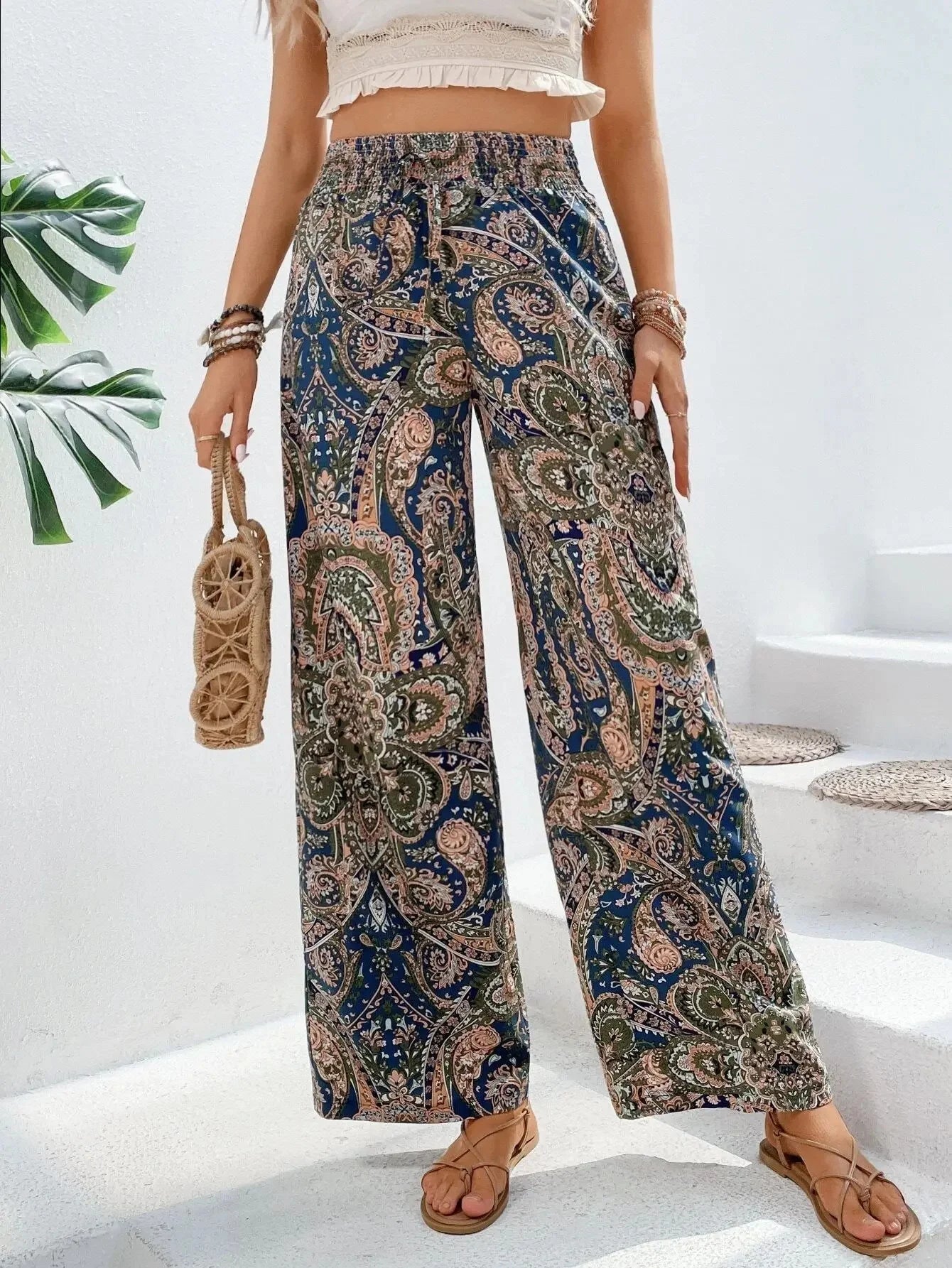 Fashionable Wide-Leg Elastic Waist Printed Pants for Women