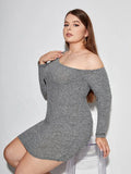 Plus-Size Oblique-Neck Long Sleeve Ribbed Bodycon Dress-HighTouch