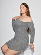 Plus-Size Oblique-Neck Long Sleeve Ribbed Bodycon Dress-HighTouch