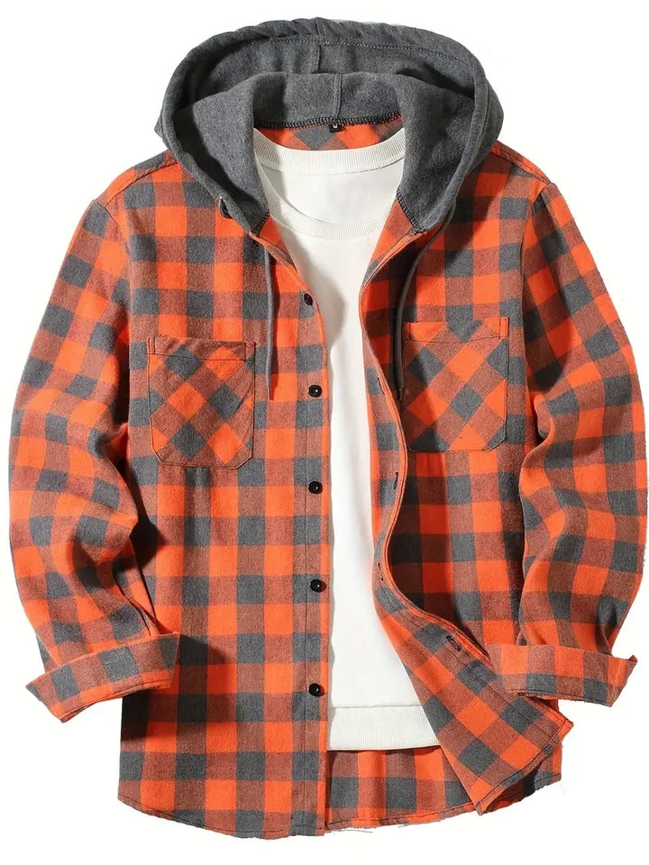 Men's Hooded Plaid Flannel Shirt - Slim Fit Shacket Jacket