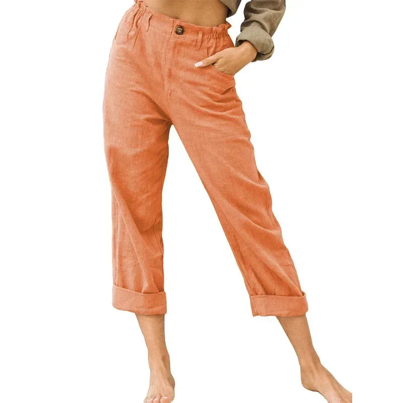 Spring Cotton-Linen Women’s Loose Button Pockets Pants – Elegant & Breathable-HighTouch