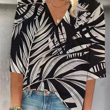 Vintage 3D Floral Oversized V‑Neck Tee – Breezy Summer Style