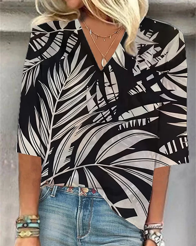 Vintage 3D Floral Oversized V‑Neck Tee – Breezy Summer Style