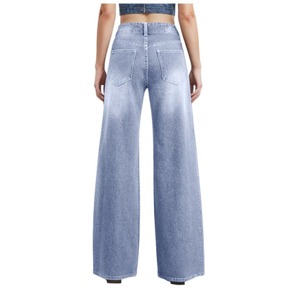 High-Waist Blue Wash Wide-Leg Jeans for Women – Stretch Comfort, Baggy Style