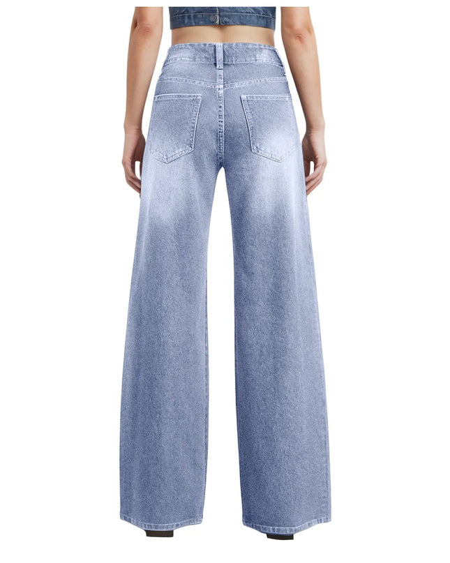 High-Waist Blue Wash Wide-Leg Jeans for Women – Stretch Comfort, Baggy Style