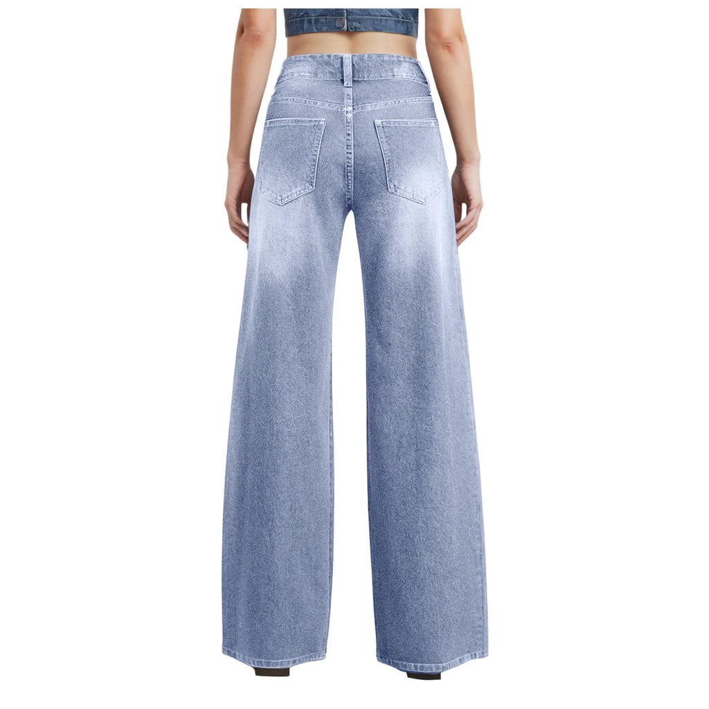 High-Waist Blue Wash Wide-Leg Jeans for Women – Stretch Comfort, Baggy Style-HighTouch