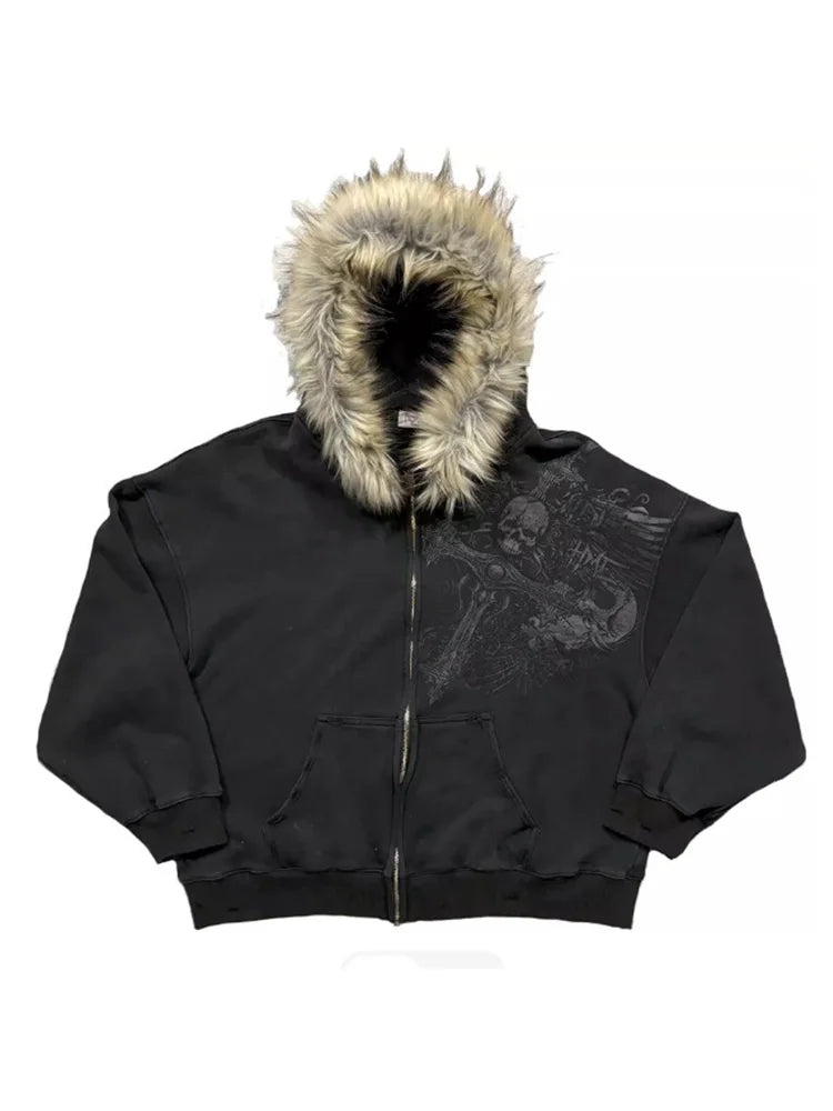 Autumn Winter Y2k Women Aesthetic Harajuku Faux Fur Collar Hoodies Clothes Graphic Hip Hop Punk Gothic Zip Up Hoodies
