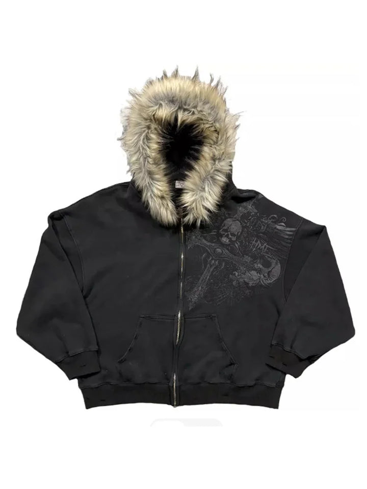 Autumn Winter Y2k Women Aesthetic Harajuku Faux Fur Collar Hoodies Clothes Graphic Hip Hop Punk Gothic Zip Up Hoodies