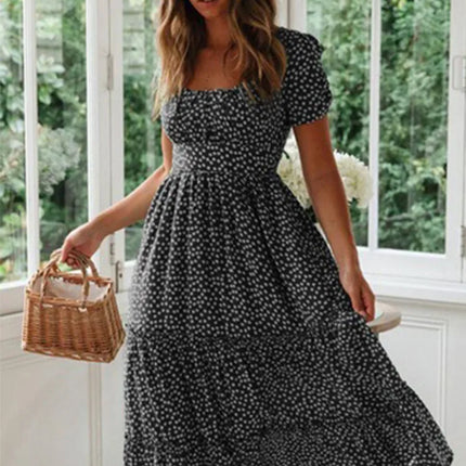 Vintage Floral Square‑Collar Puff‑Sleeve Maxi Dress with Slit