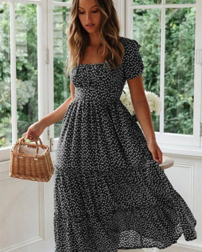 Vintage Floral Square‑Collar Puff‑Sleeve Maxi Dress with Slit