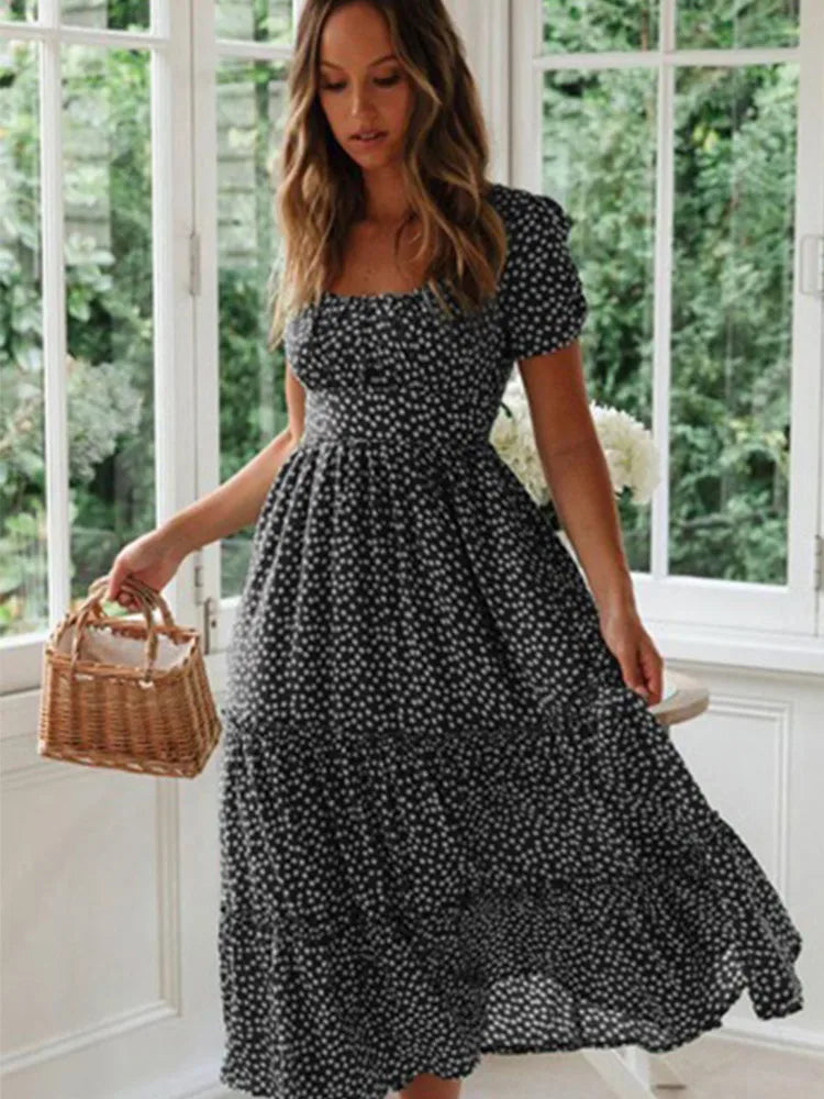 Vintage Floral Square‑Collar Puff‑Sleeve Maxi Dress with Slit-HighTouch