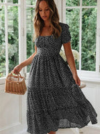 Vintage Floral Square‑Collar Puff‑Sleeve Maxi Dress with Slit-HighTouch
