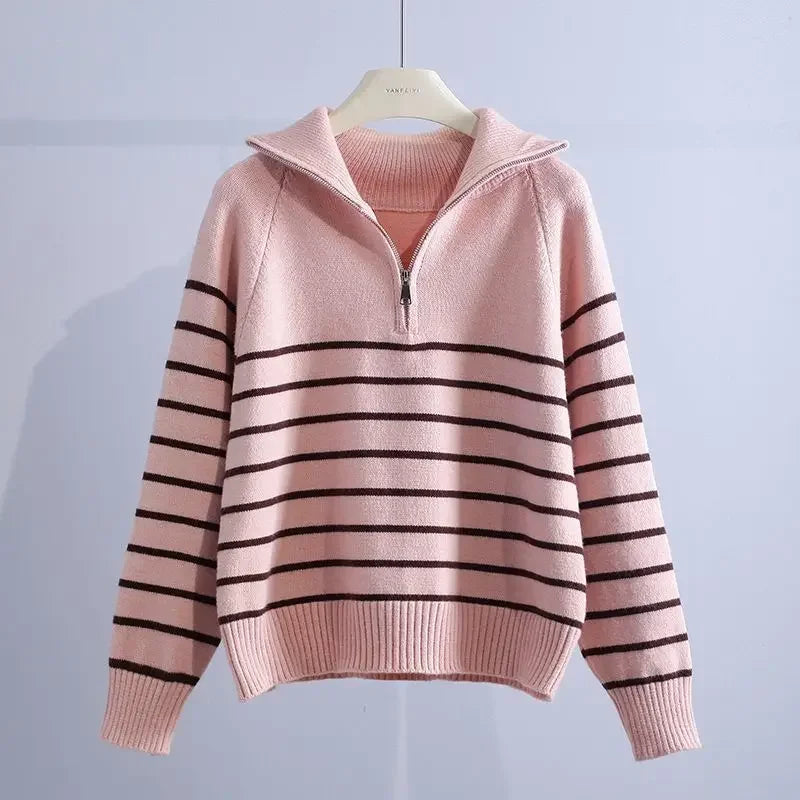 Striped Zipper Knitted Sweater-HighTouch