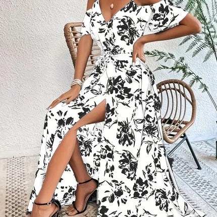 Boho Floral Cold-Shoulder Split Maxi Dress Women