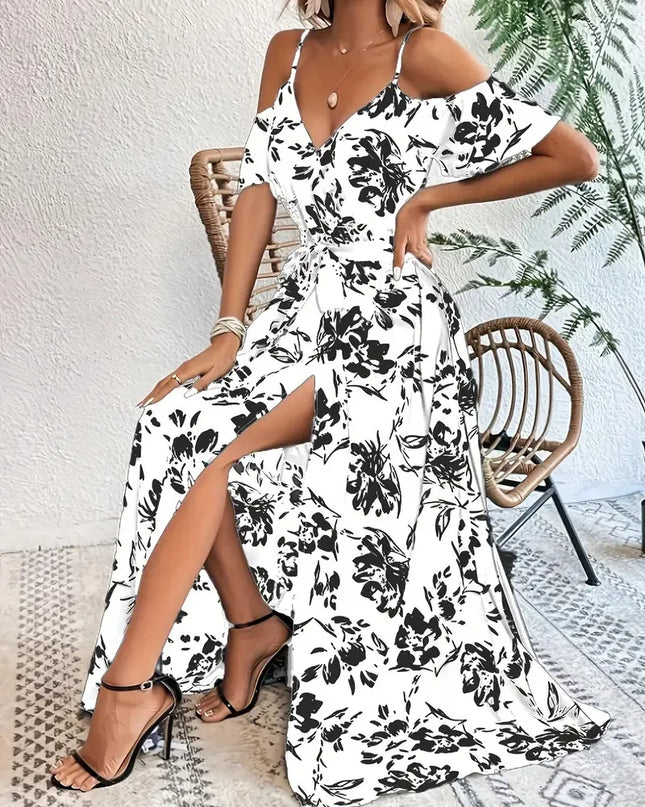 Boho Floral Cold-Shoulder Split Maxi Dress Women