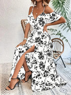 Boho Floral Cold-Shoulder Split Maxi Dress Women-HighTouch