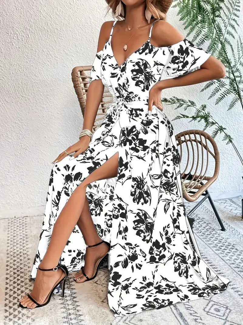 Boho Floral Cold-Shoulder Split Maxi Dress Women