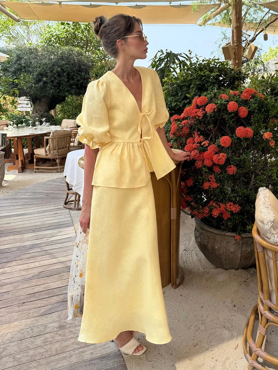 Cotton Lace‑Up Bubble Sleeve Top & Skirt Set