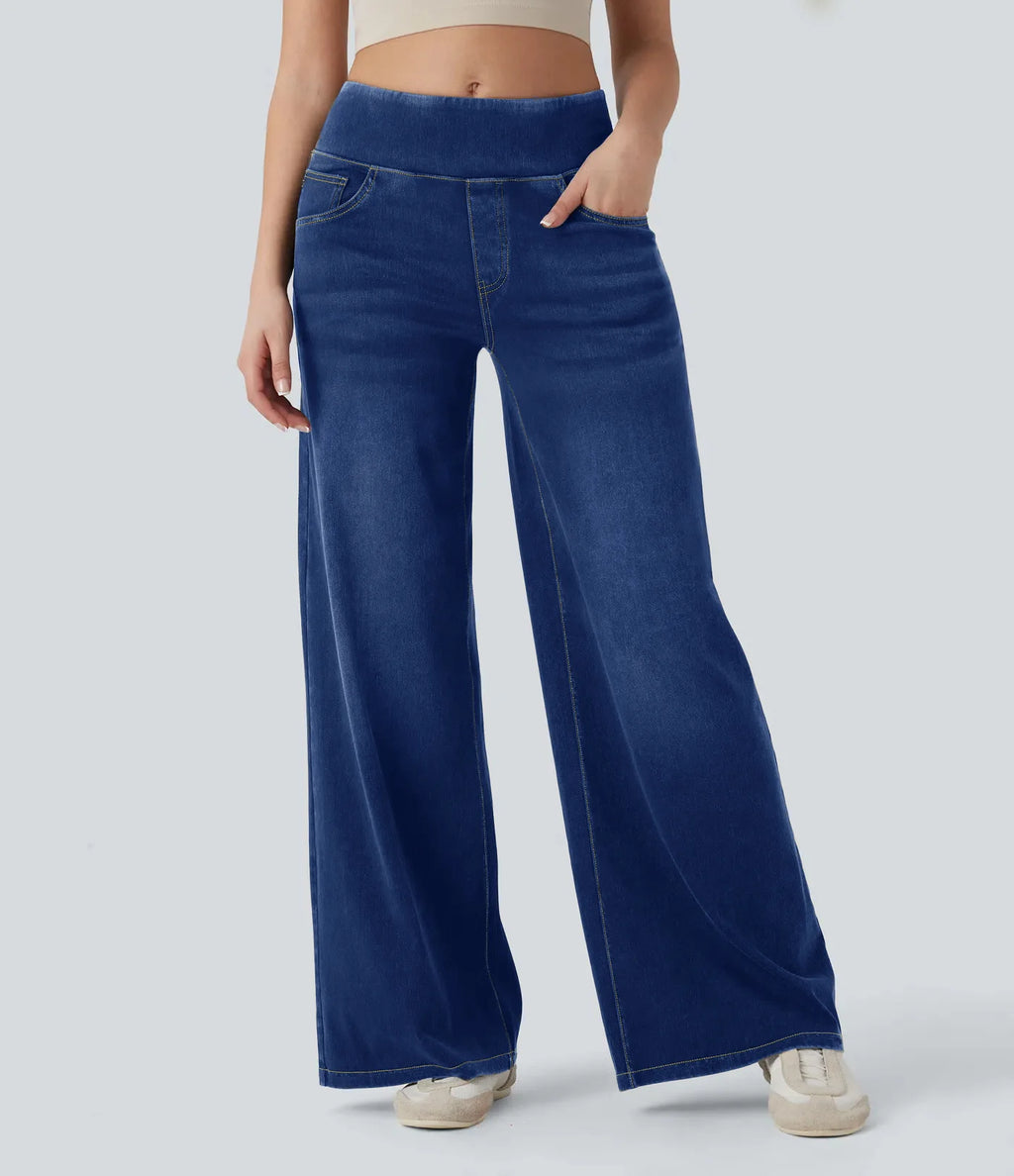 Women’s High-Waist Wide-Leg Zip Denim Jeans Casual Pants-HighTouch
