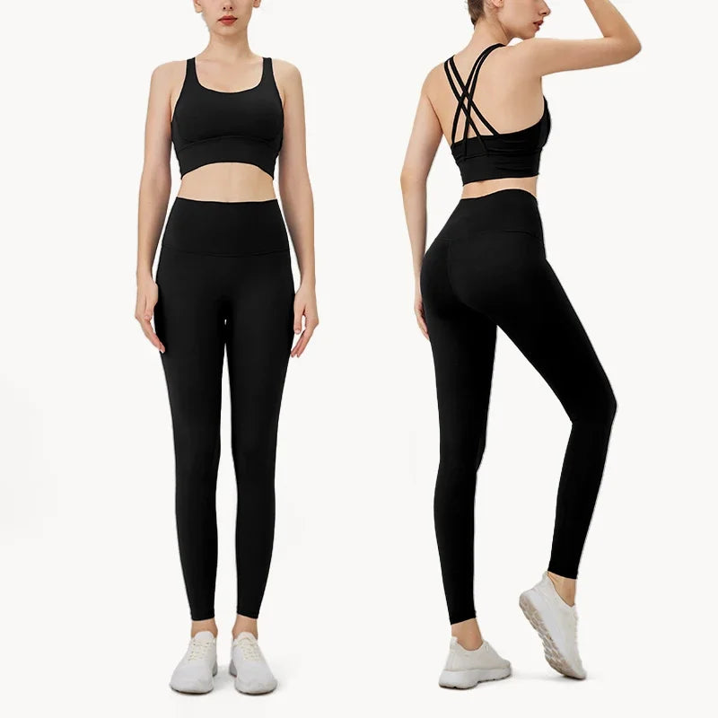 Summer New 2 Piece Yoga Clothes Women's Tracksuit Athletic Cross Back Nylon Yoga Top Women Sports Bra Leggings Pilates Fitness-HighTouch