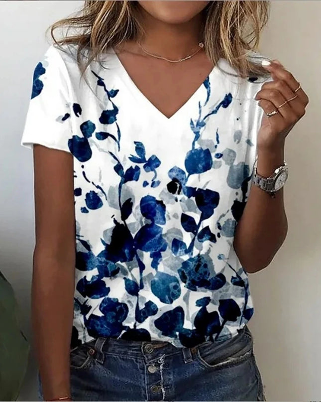 Vintage Floral 3D Print V‑Neck Tee – Oversized Harajuku Style