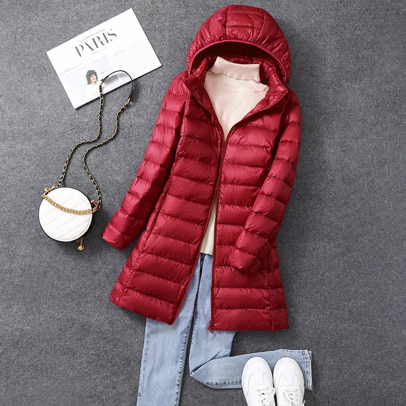 Women's X-Long Office Lady Hat Detachable Puffer Jacket