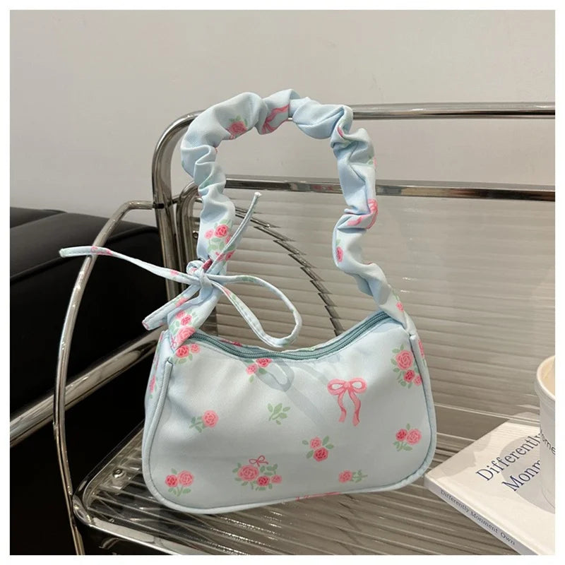 Floral Bow Canvas Pleated Drawstring Shoulder Bag – Aesthetic Underarm Purse-HighTouch