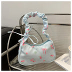 Floral Bow Canvas Pleated Drawstring Shoulder Bag – Aesthetic Underarm Purse-HighTouch
