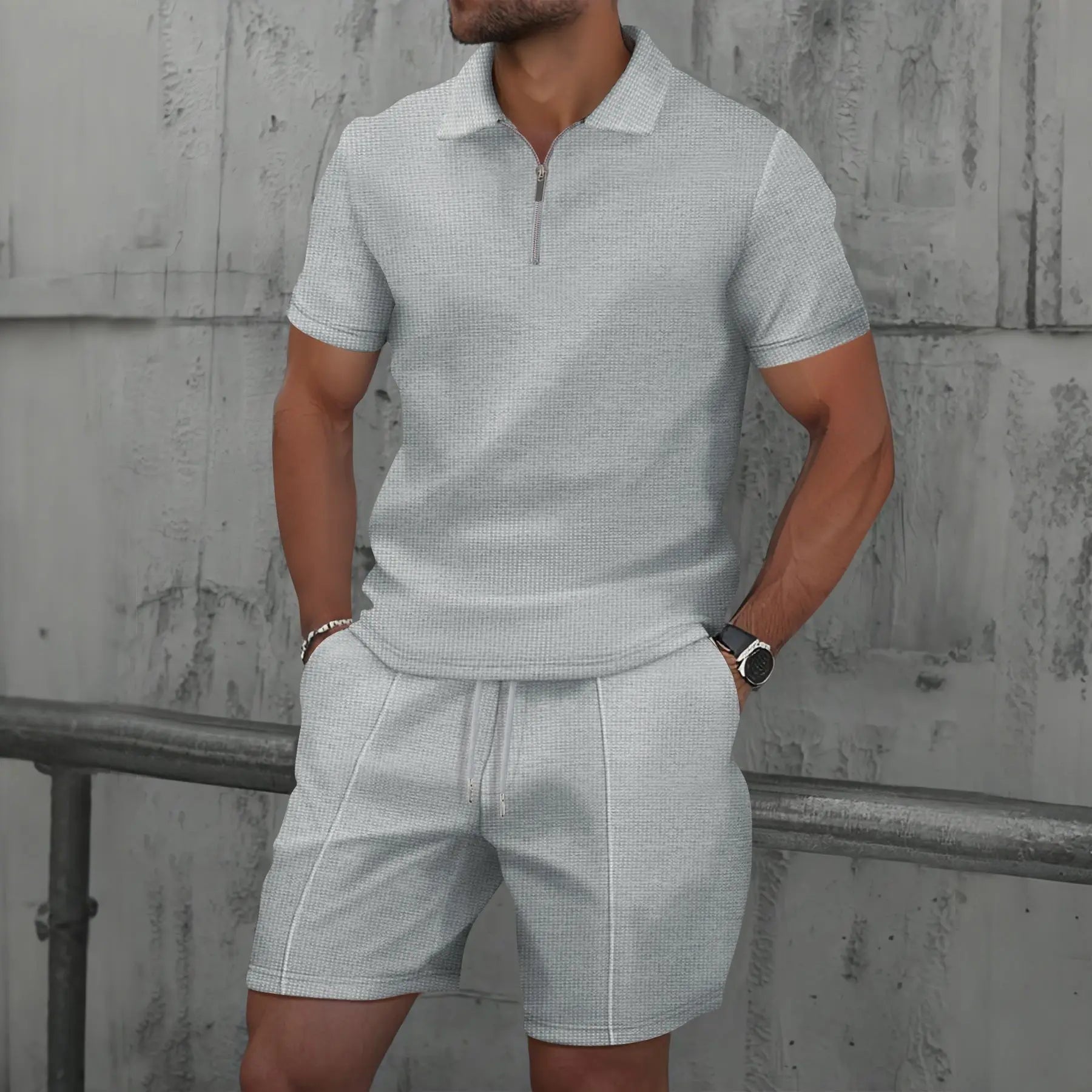 Men’s Summer Waffle Knit Zip-Up Lapel Short Sleeve Suit & Shorts Set