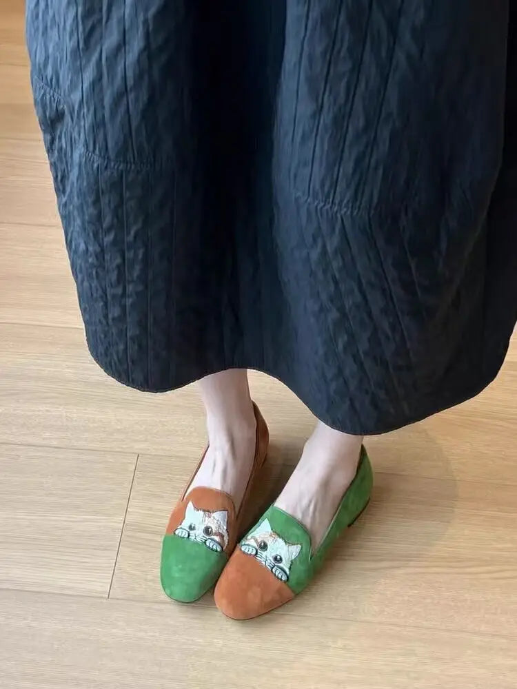 Cat Embroidered Ballet Slippers