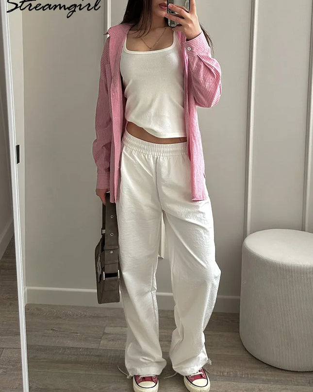 Stay Fresh & Stylish – High-Waist White Wide-Leg Sweatpants