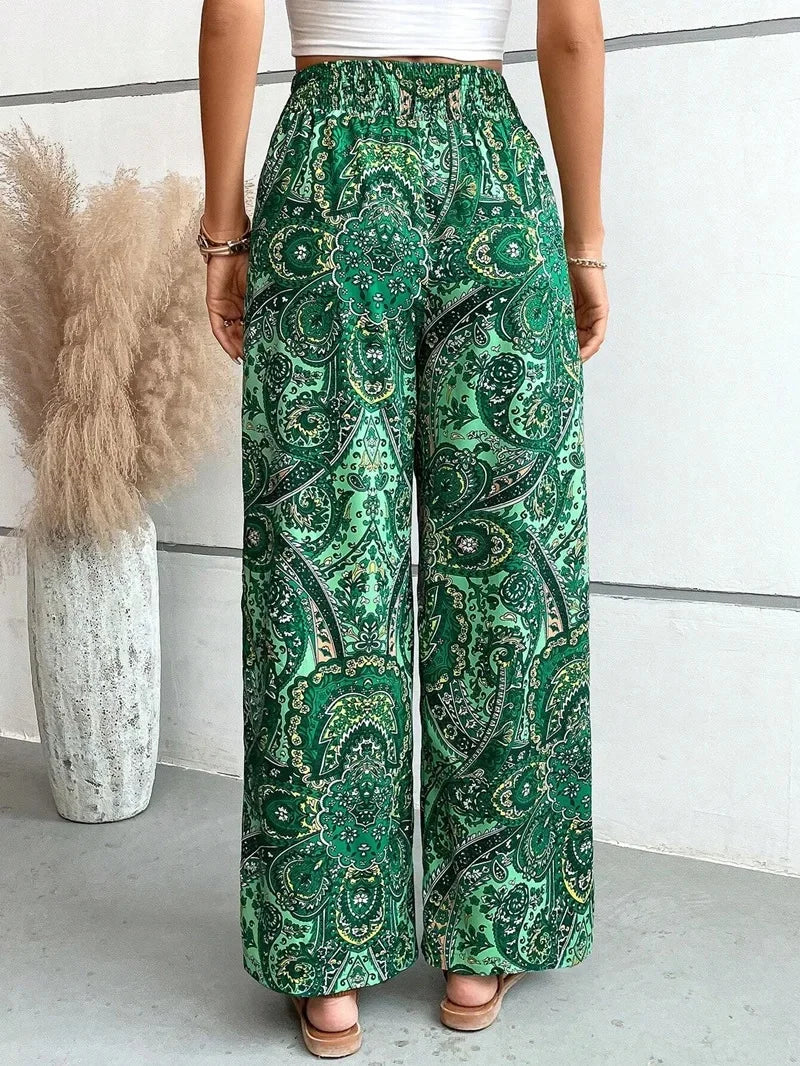 Fashionable Wide-Leg Elastic Waist Printed Pants for Women-HighTouch