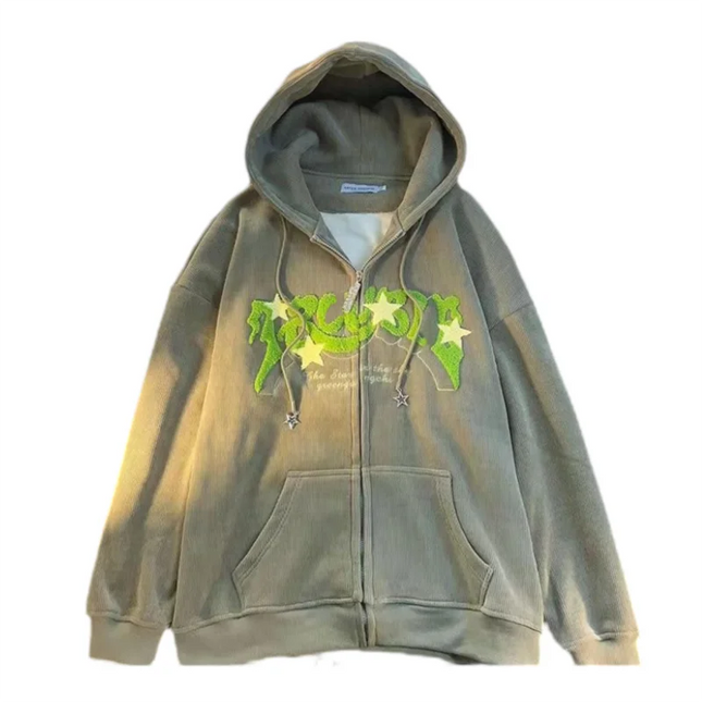 Hoodie Women Harajuku Zip-Up Embroidered Hoodie – Oversized Streetwear