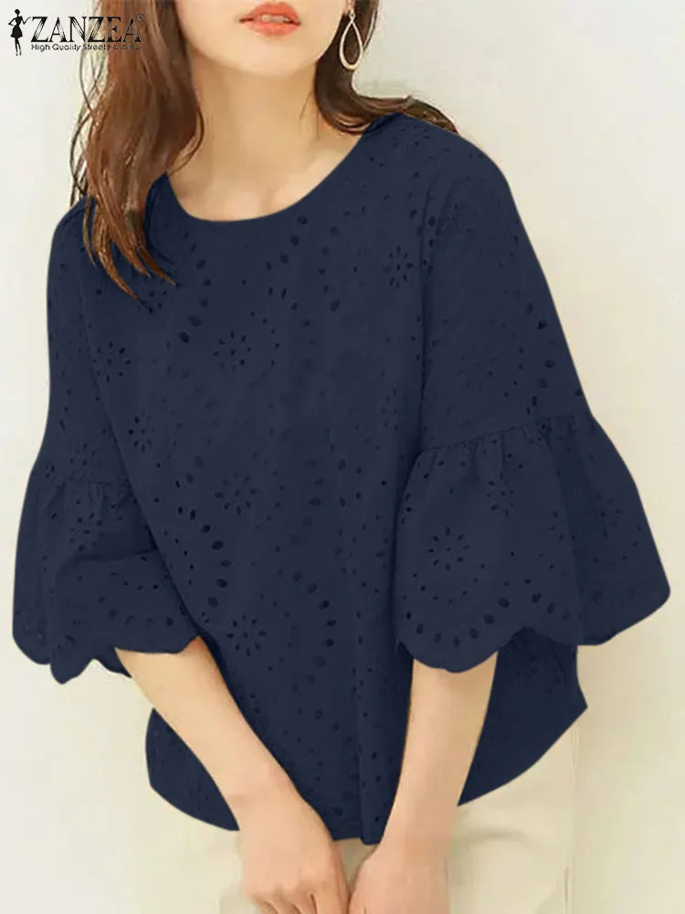 Elegant Hollow-Out Lace Blouse-HighTouch