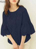 Elegant Hollow-Out Lace Blouse-HighTouch