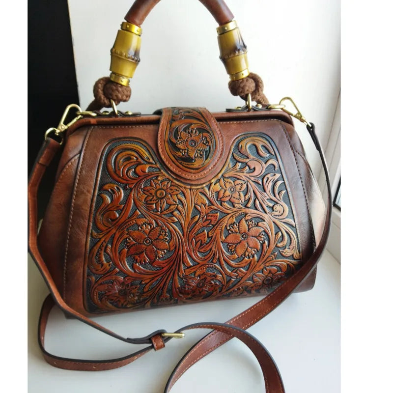 Luxury Handmade Women Shoulder Bag Vintage Carved Leather Women's Bag-HighTouch