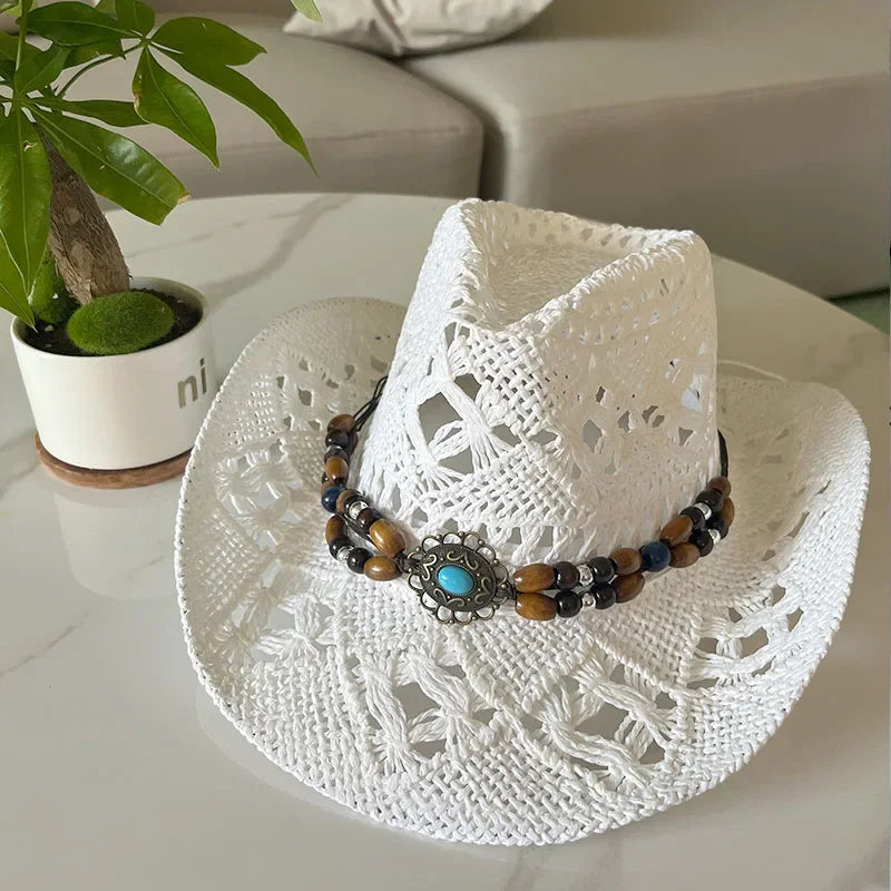 Bohemian Straw Cowboy Sun Hat – Wooden Beads
