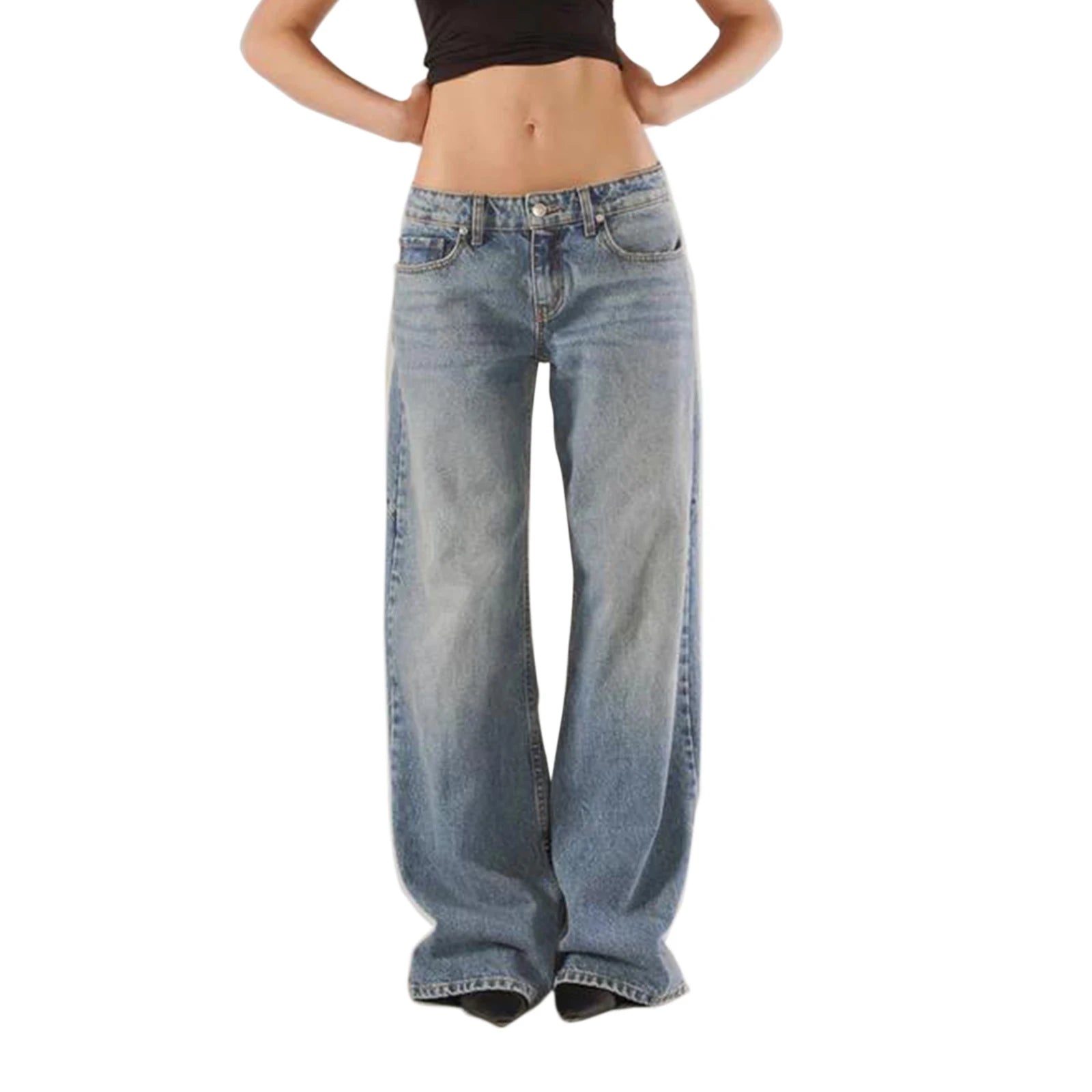 Women’s Low-Rise Wide-Leg Loose Denim Jeans – Solid Colour Spring Style